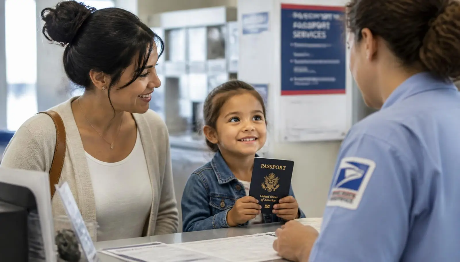 A parent and child at a post office passport acceptance counter