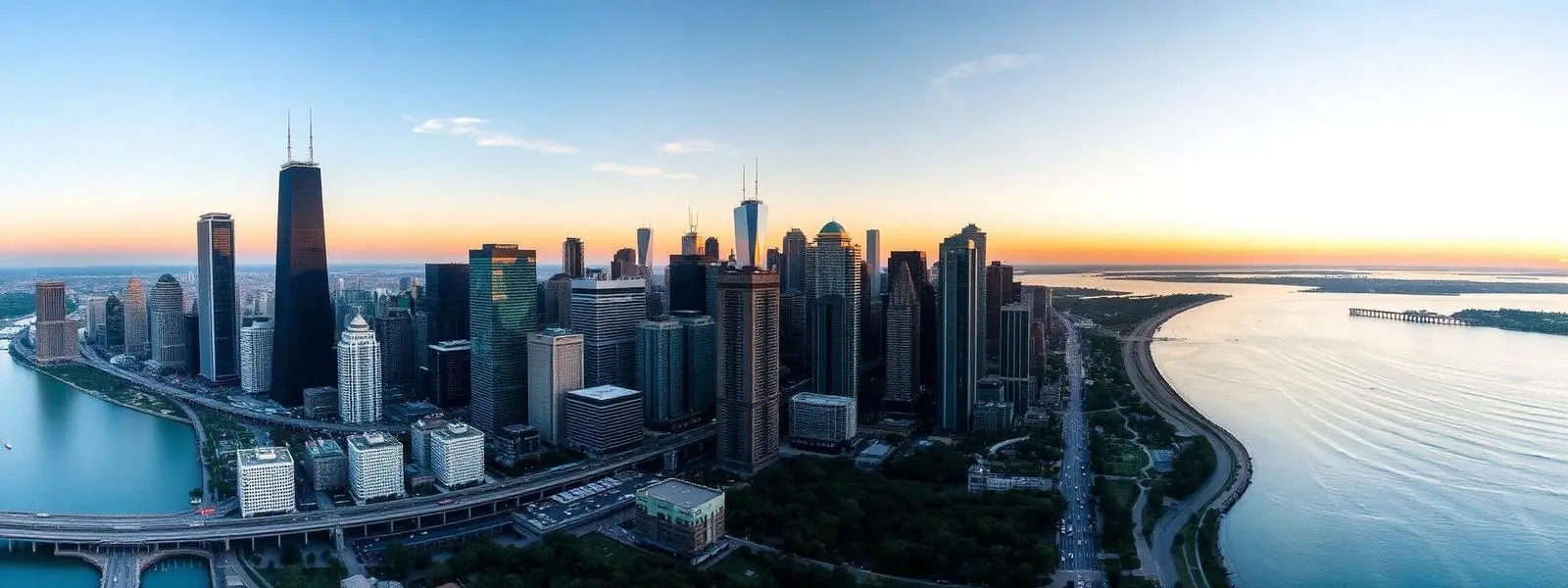 Chicago skyline along Lake Michigan at sunset