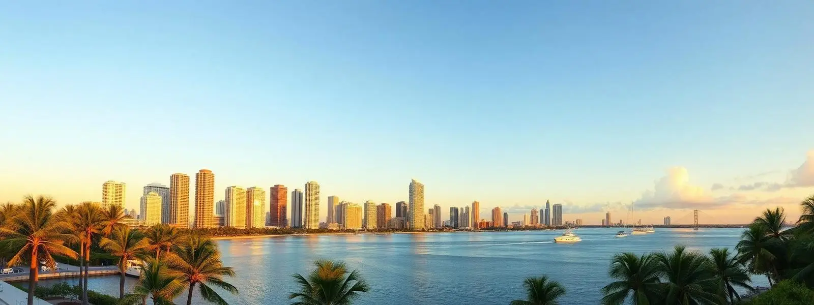 Miami skyline across Biscayne Bay with palm trees