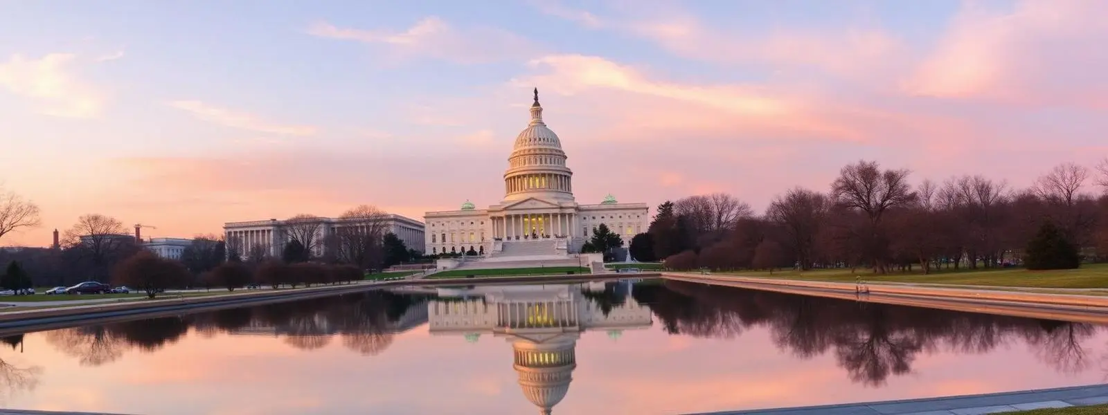 United States Capitol and reflecting pool at dawn