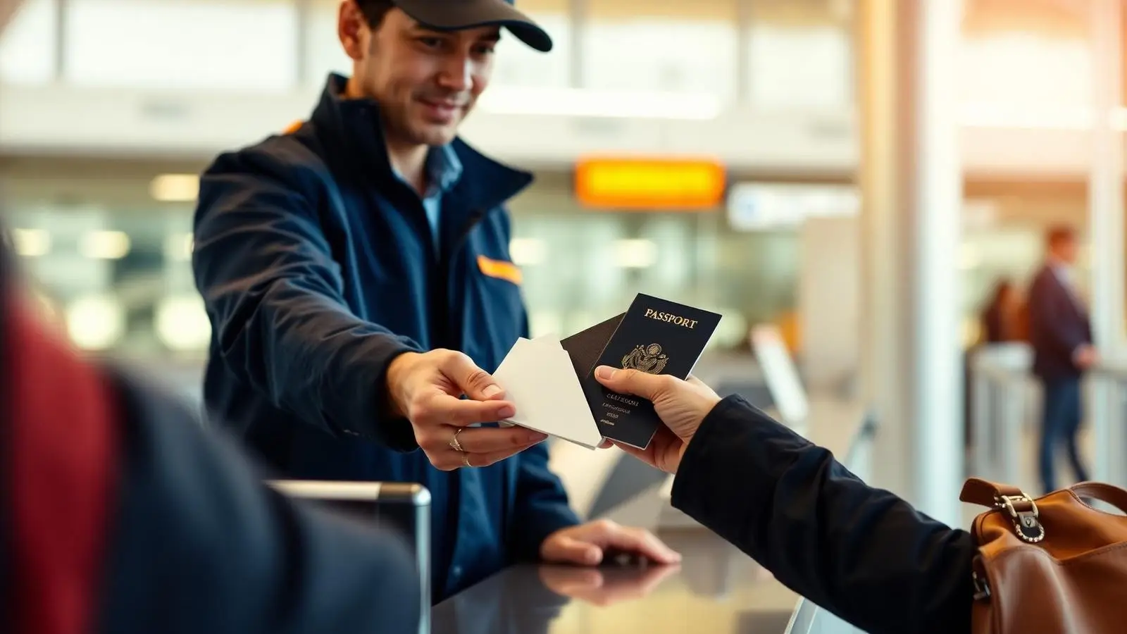 A courier handing a passport to a traveler at an airport counter