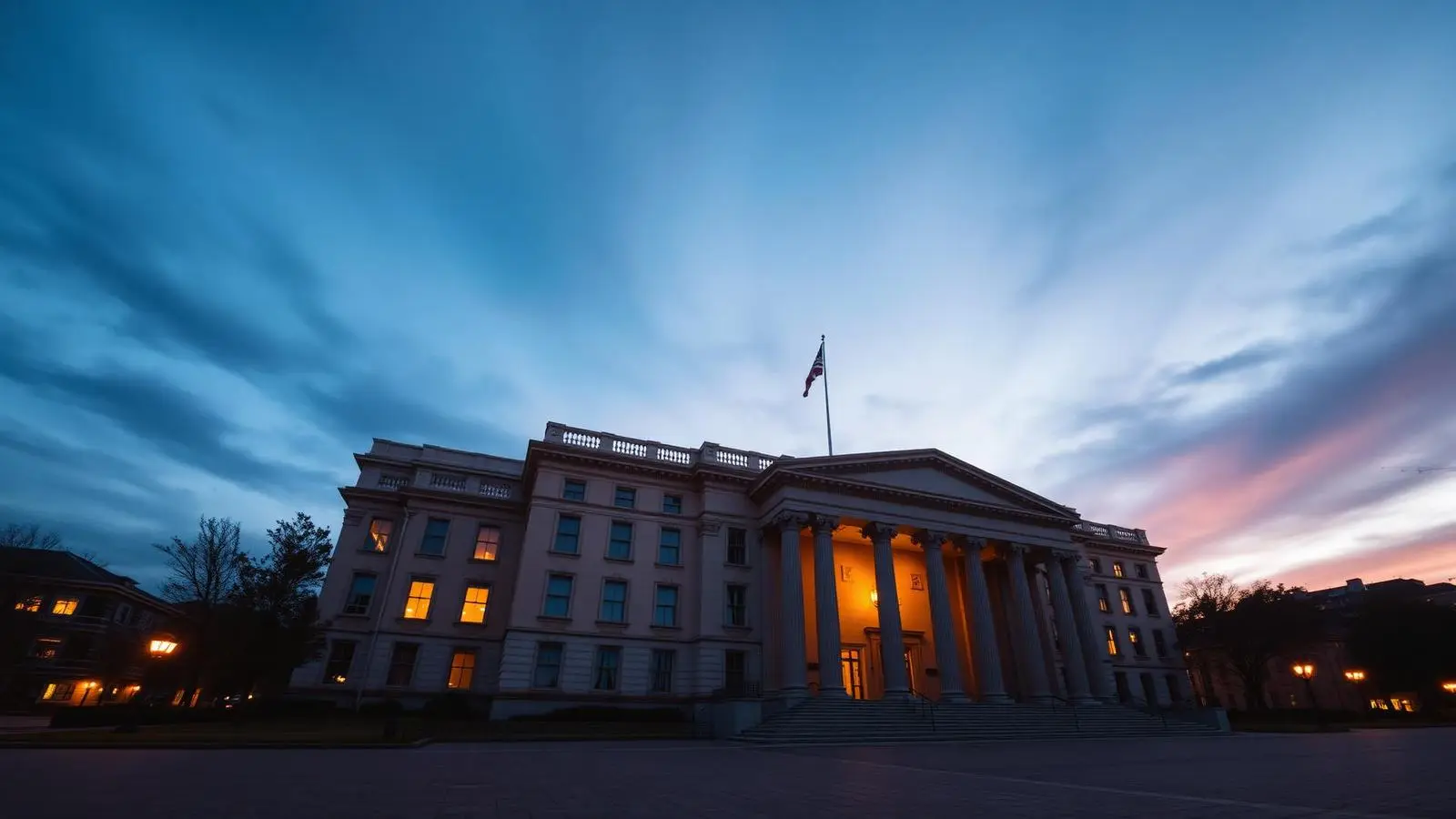 A grand U.S. embassy building at dusk with an American flag
