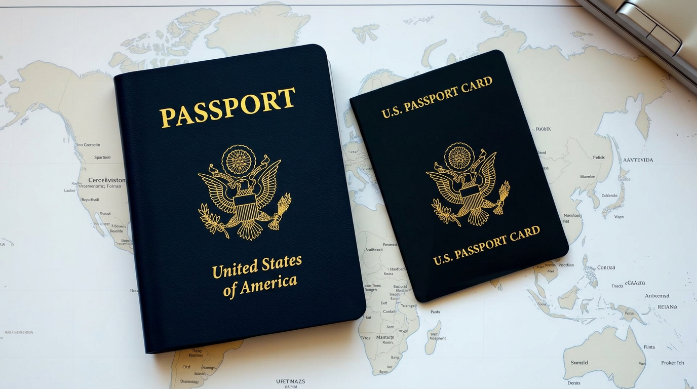 U.S. passport book and passport card side by side