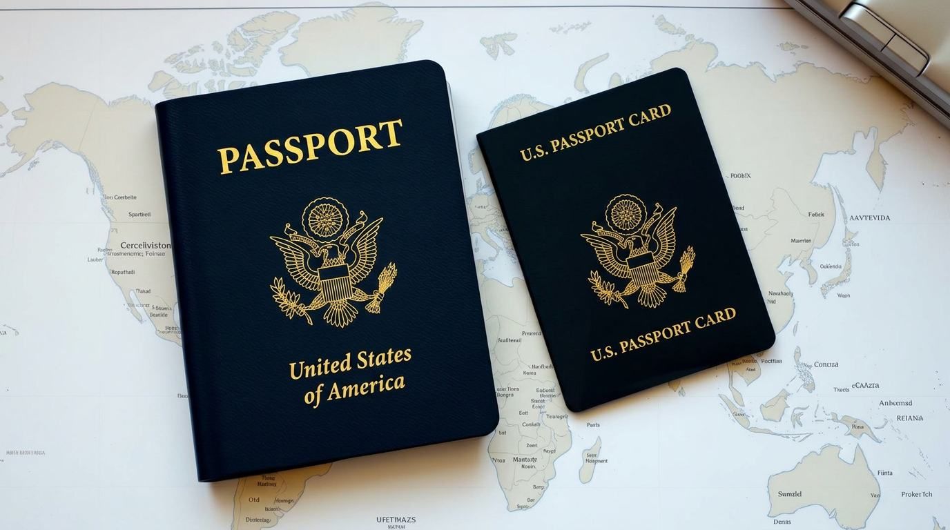 U.S. passport book and passport card side by side