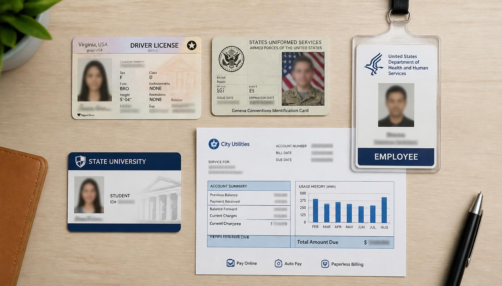 Driver's license, military ID, employee badge, student ID and a utility bill laid out on a desk