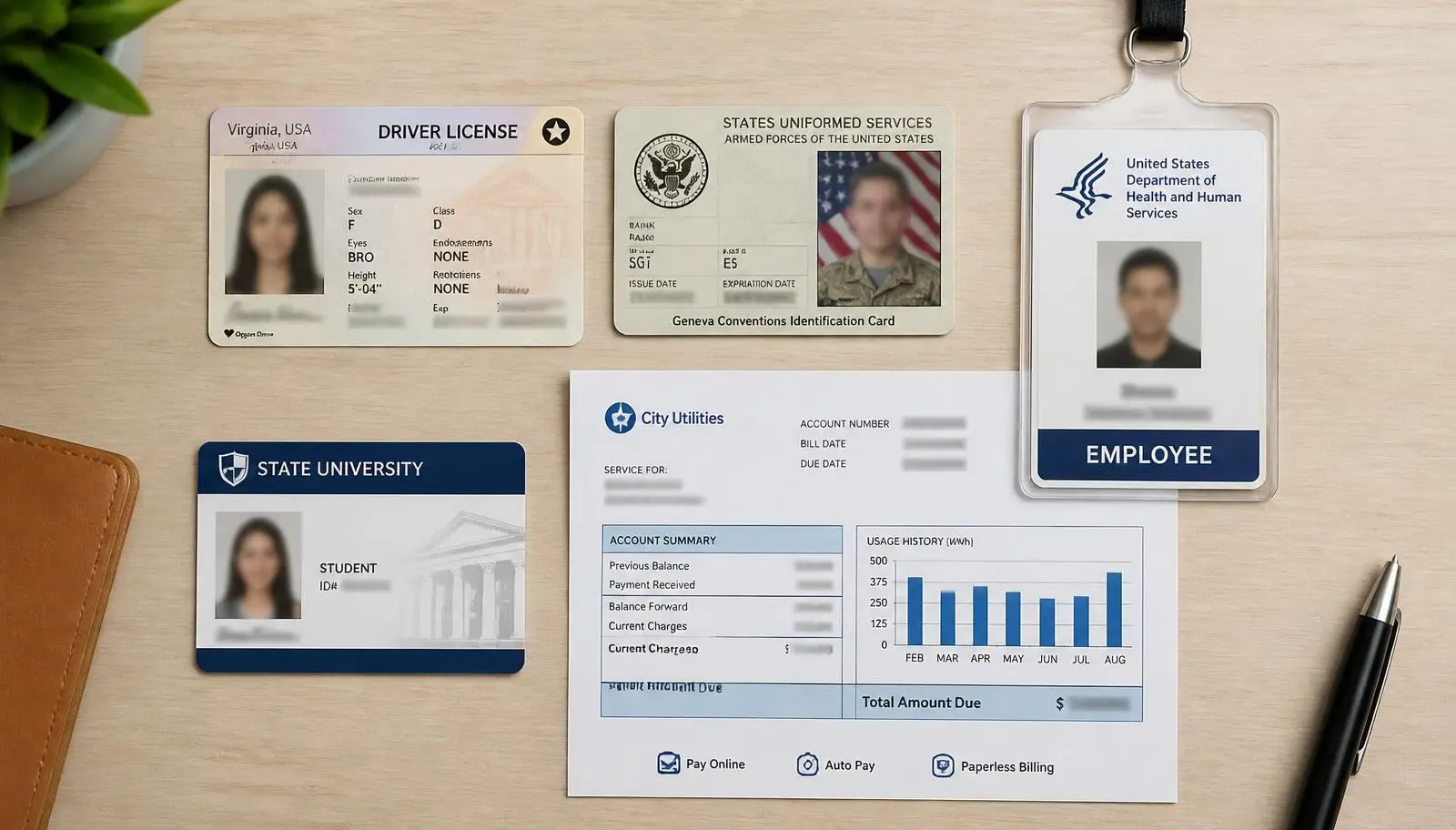 Driver's license, military ID, employee badge, student ID and a utility bill laid out on a desk
