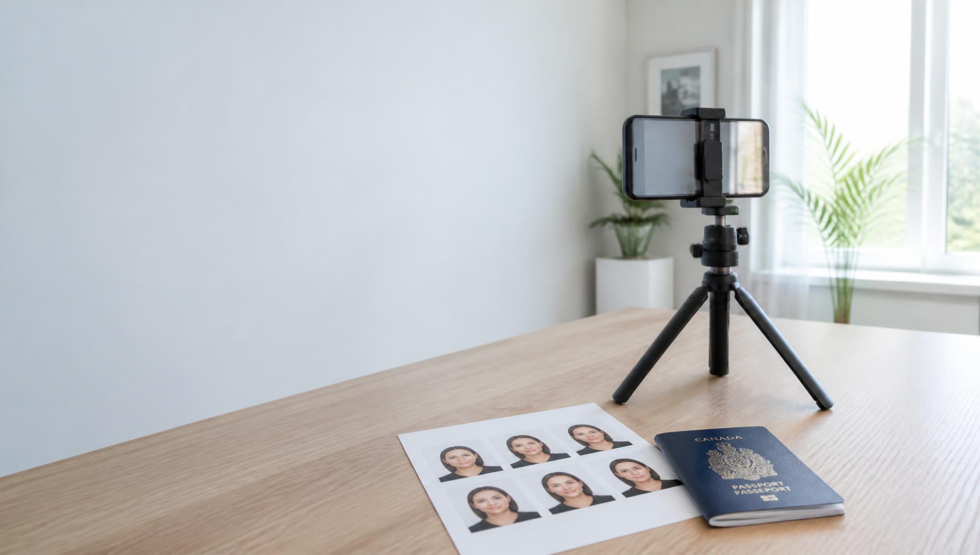 Passport photo being taken against a plain white background