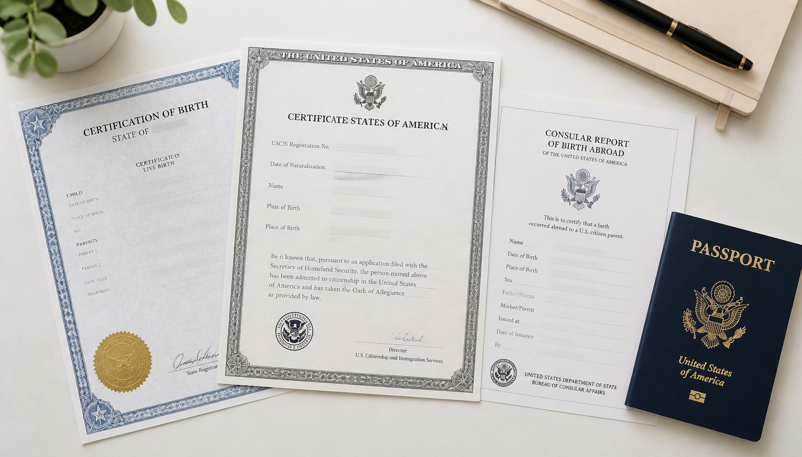 Certified birth certificate, naturalization certificate, Consular Report of Birth Abroad and a U.S. passport on a desk